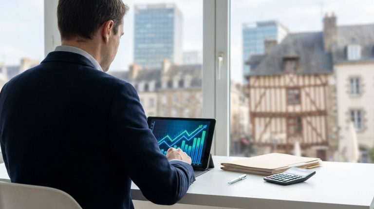 Un homme d'affaires analyse des graphiques de croissance financière sur une tablette, avec documents et calculatrice, devant une fenêtre urbaine.