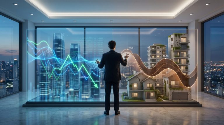 Un homme analyse des graphiques boursiers et des bâtiments endommagés sur un écran transparent, symbolisant les risques d'un krach immobilier.