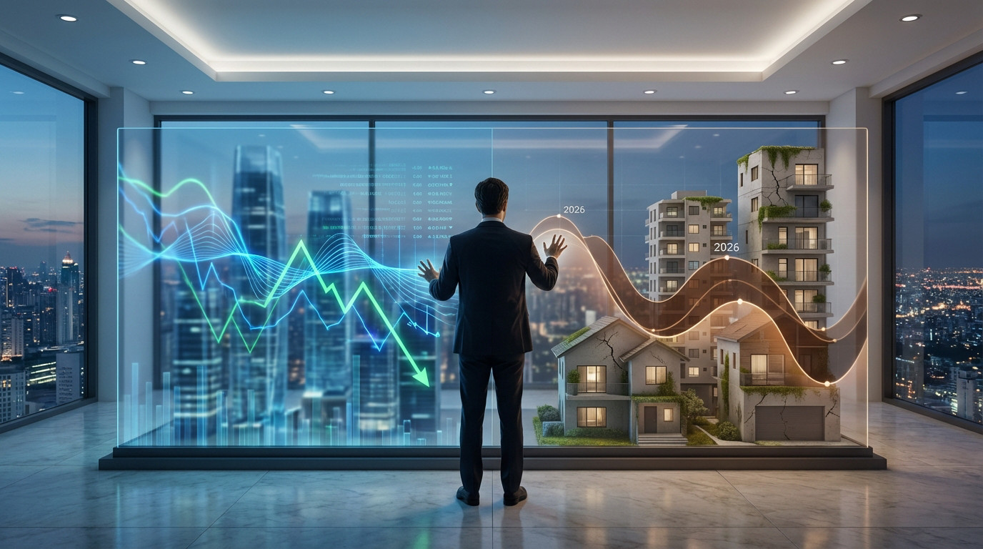 Un homme analyse des graphiques boursiers et des bâtiments endommagés sur un écran transparent, symbolisant les risques d'un krach immobilier.
