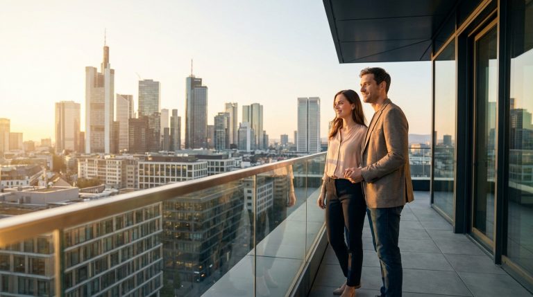 Un couple souriant sur un balcon moderne, admirant le panorama d'une ville au coucher du soleil.