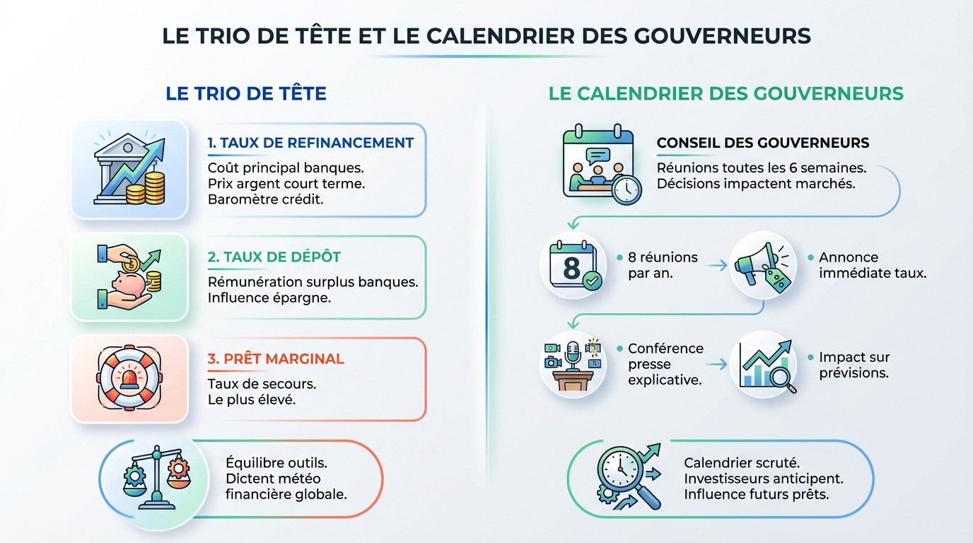 Graphique des taux directeurs de la BCE et calendrier des décisions monétaires
