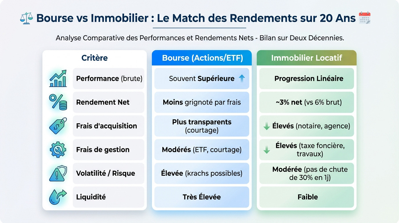 Comparaison des rendements Bourse vs Immobilier sur 20 ans
