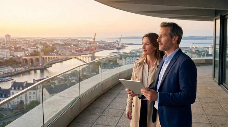 Un couple regarde le port de Brest depuis un balcon moderne au coucher du soleil, la femme tenant une tablette.