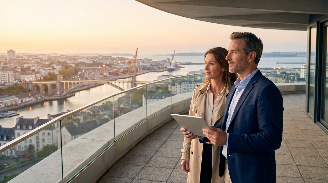 Un couple regarde le port de Brest depuis un balcon moderne au coucher du soleil, la femme tenant une tablette.