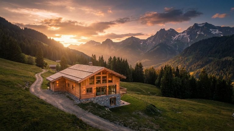 Chalet en bois LMNP en montagne au coucher du soleil, entouré de sapins et avec des sommets enneigés en arrière-plan.
