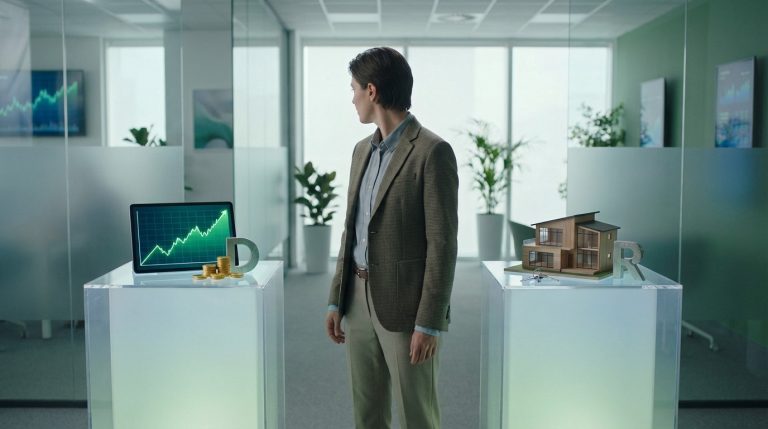 Homme face à deux options d'investissement : dividendes (graphique, pièces, 'D') et immobilier (maison, clés, 'R').