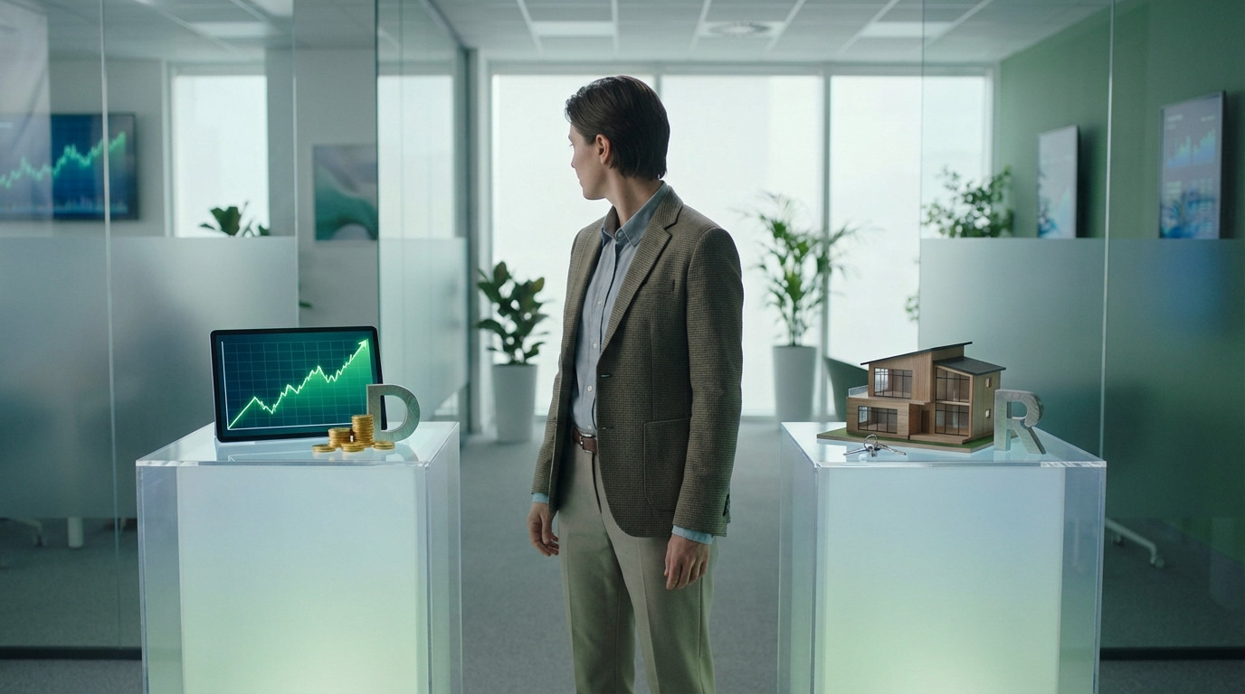 Homme face à deux options d'investissement : dividendes (graphique, pièces, 'D') et immobilier (maison, clés, 'R').
