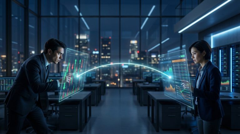 Deux traders analysent des graphiques financiers holographiques connectés dans un bureau moderne de nuit, reflétant les stratégies d'achat-revente.