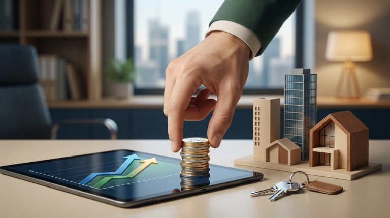 Main déposant une pièce sur une pile de monnaie, sur une tablette avec graphique de croissance. À côté, des maquettes immobilières et des clés.