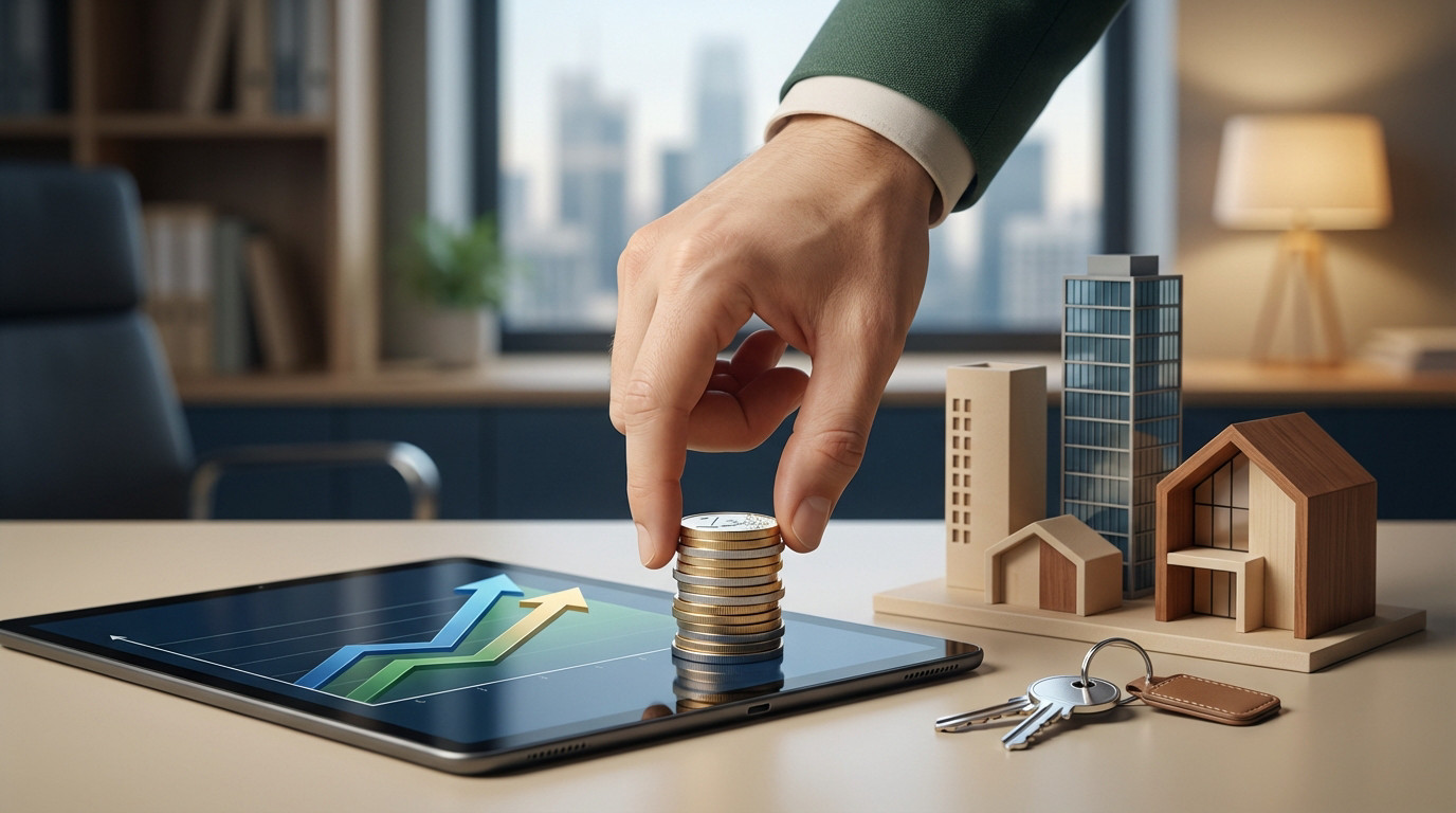 Main déposant une pièce sur une pile de monnaie, sur une tablette avec graphique de croissance. À côté, des maquettes immobilières et des clés.