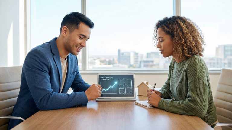 Un homme et une femme discutent d'investissement immobilier devant un graphique de croissance et un plan de maison sur un ordinateur.