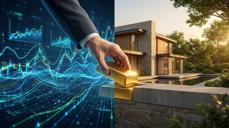 Main plaçant un lingot d'or entre des graphiques financiers numériques et une maison moderne avec piscine.