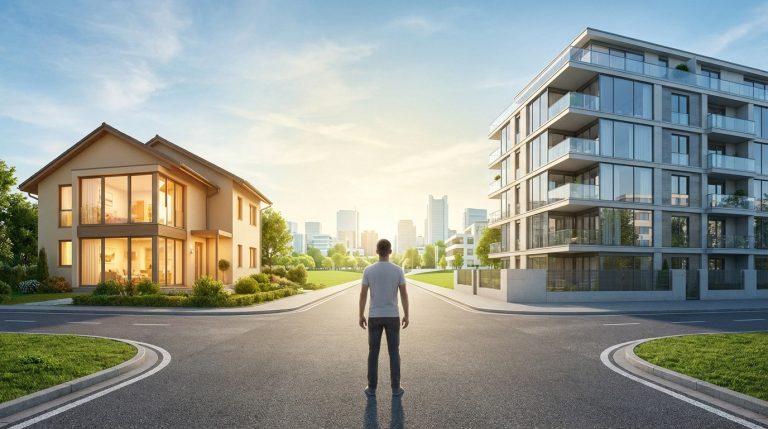 Un homme fait face à un choix immobilier : une maison individuelle ou un immeuble moderne. Contexte urbain.