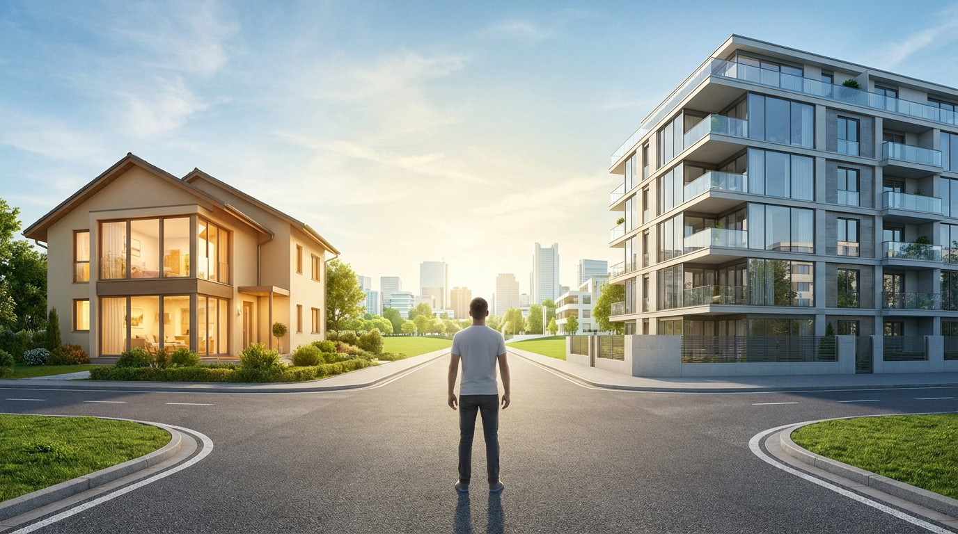 Un homme fait face à un choix immobilier : une maison individuelle ou un immeuble moderne. Contexte urbain.