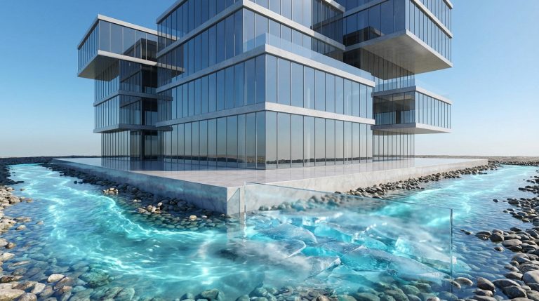 Un bâtiment moderne au-dessus d'une rivière divisée : eau fluide et blocs de glace. Symbole du risque de liquidité immobilière.
