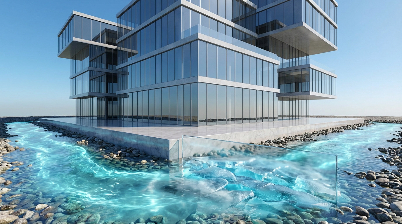 Un bâtiment moderne au-dessus d'une rivière divisée : eau fluide et blocs de glace. Symbole du risque de liquidité immobilière.