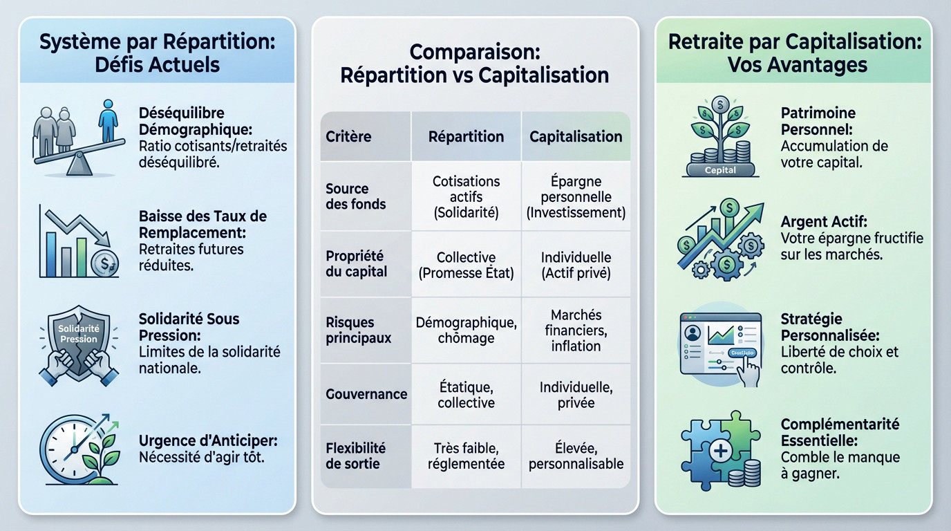 Infographie sur les défis de la répartition et les avantages de la capitalisation