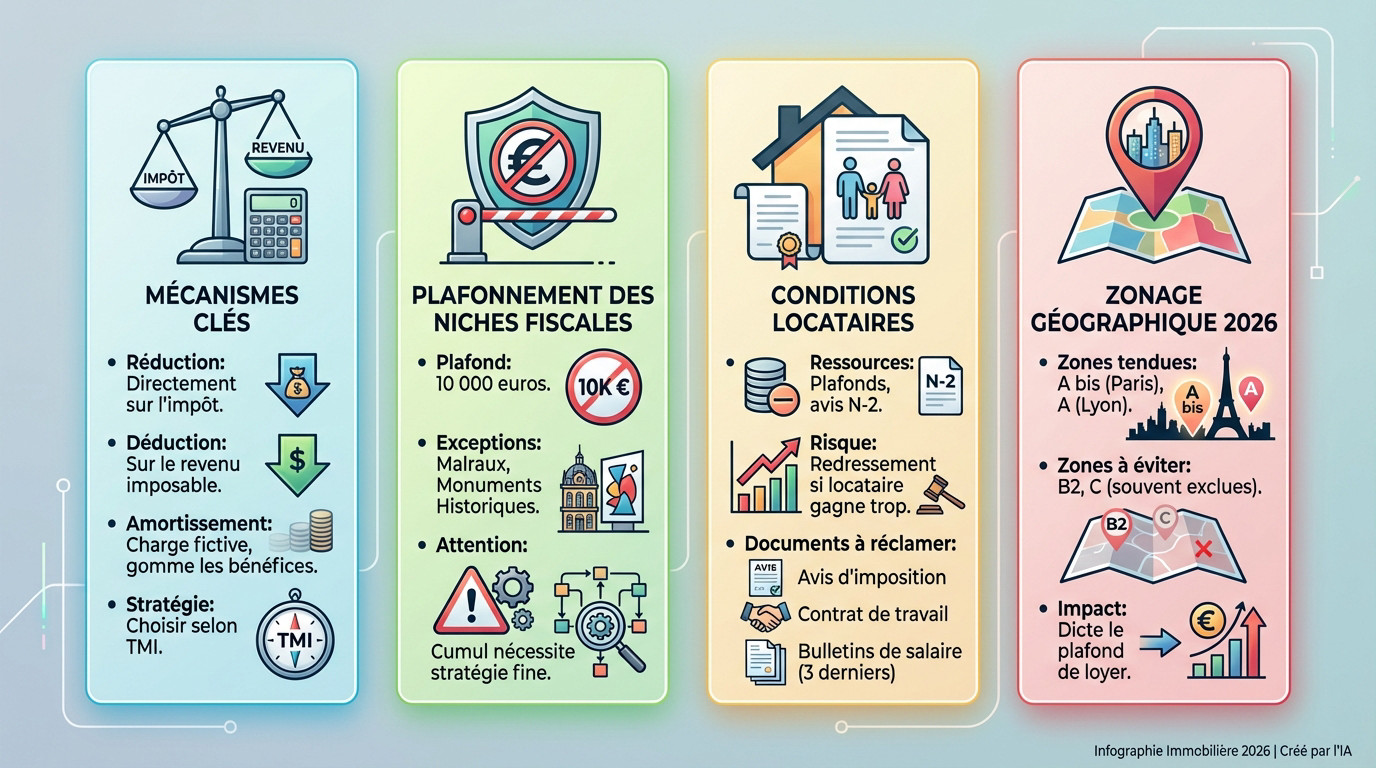 Infographie détaillant les leviers de réduction déduction et amortissement pour l'investissement immobilier