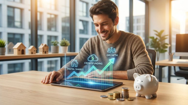 Homme souriant consultant une tablette montrant croissance immobilière digitale, avec icônes de crowdfunding, tirelire et maisons.