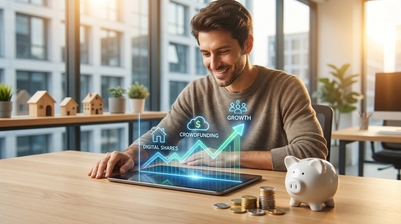 Homme souriant consultant une tablette montrant croissance immobilière digitale, avec icônes de crowdfunding, tirelire et maisons.