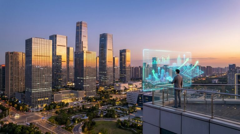 Vue aérienne d'un homme face à des projections holographiques de données immobilières, avec une ville moderne en arrière-plan au coucher du soleil.