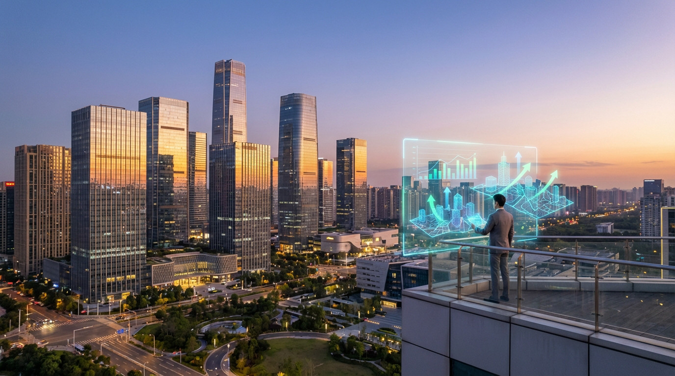 Vue aérienne d'un homme face à des projections holographiques de données immobilières, avec une ville moderne en arrière-plan au coucher du soleil.