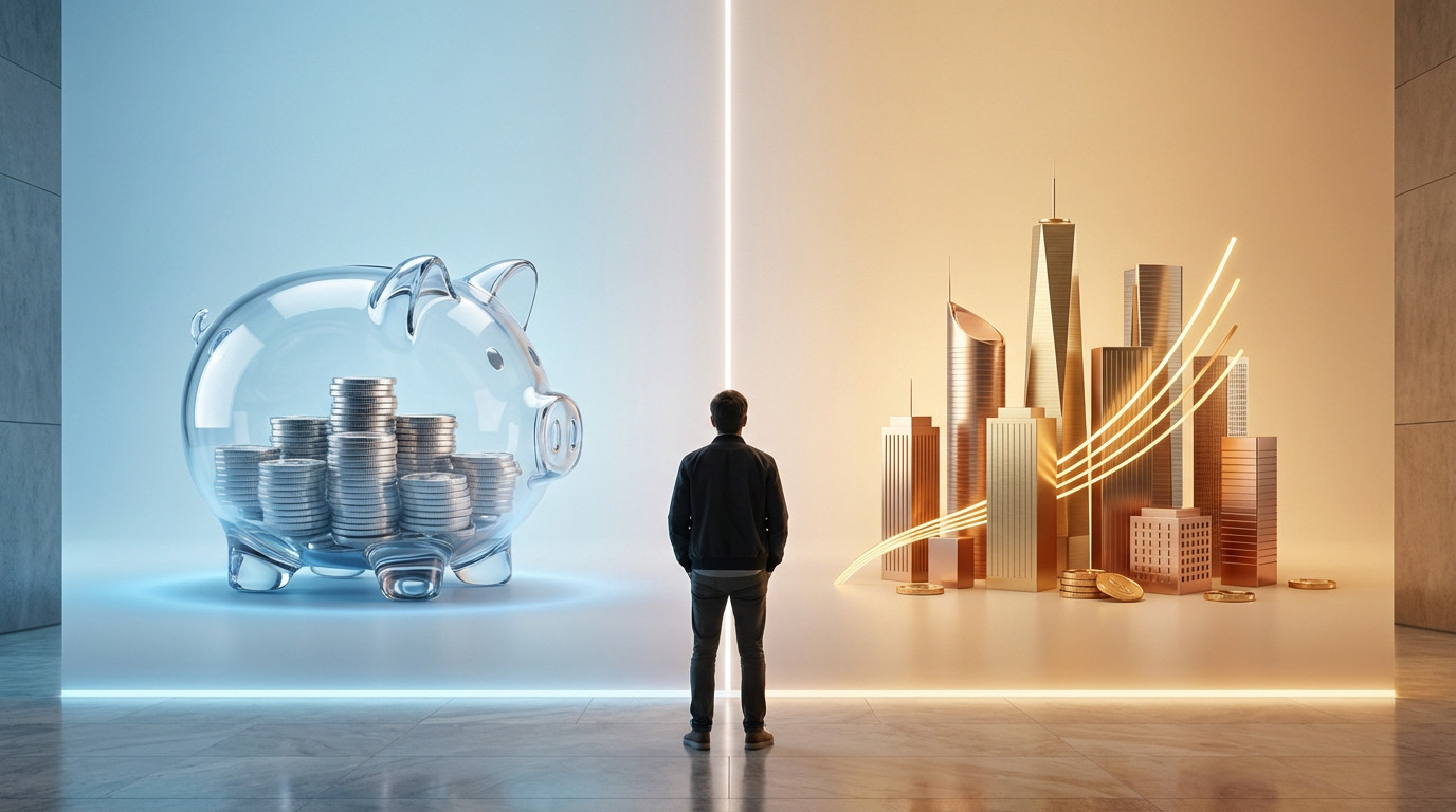 Illustration d'un dilemme d'investissement. À gauche, une tirelire symbolise la sécurité. À droite, une ville moderne la croissance.