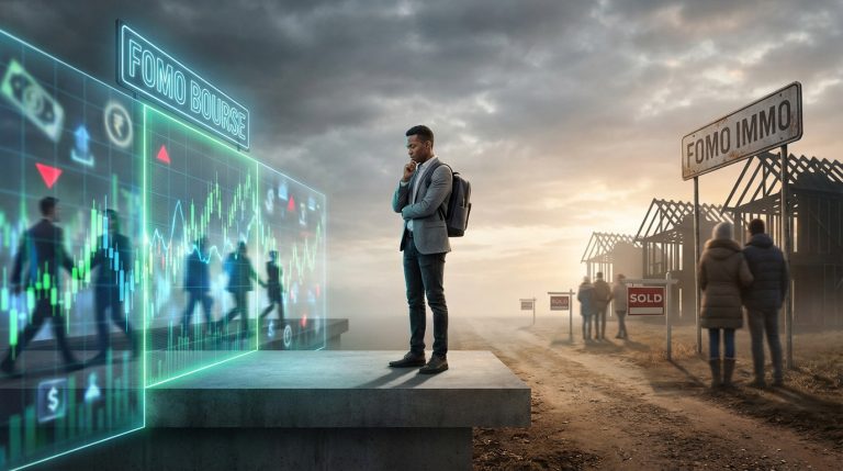 Un homme réfléchit entre le FOMO Bourse et le FOMO Immo, face à un paysage d'investissement incertain.