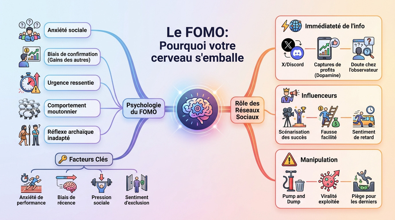 Illustration du phénomène FOMO en investissement financier provoquant une réaction cérébrale impulsive