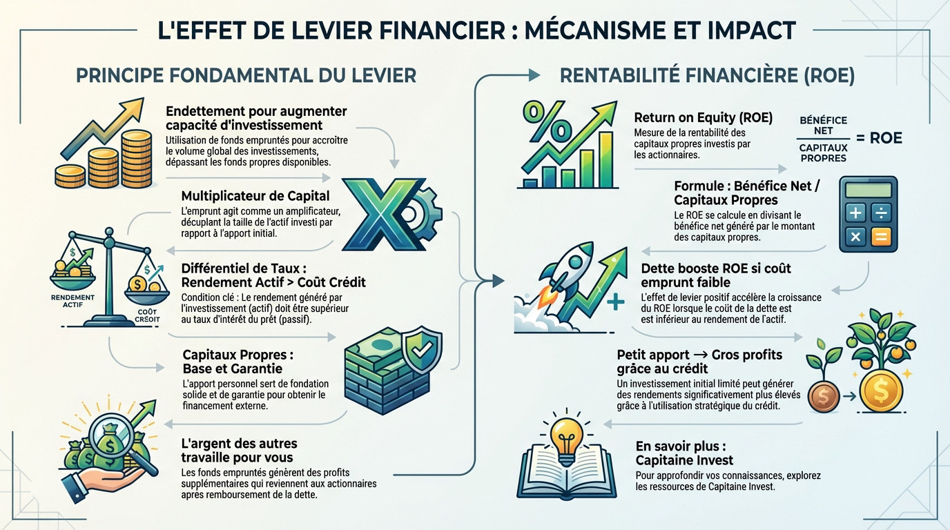 Schéma explicatif de l'effet de levier financier montrant l'impact de la dette sur la rentabilité des capitaux propres