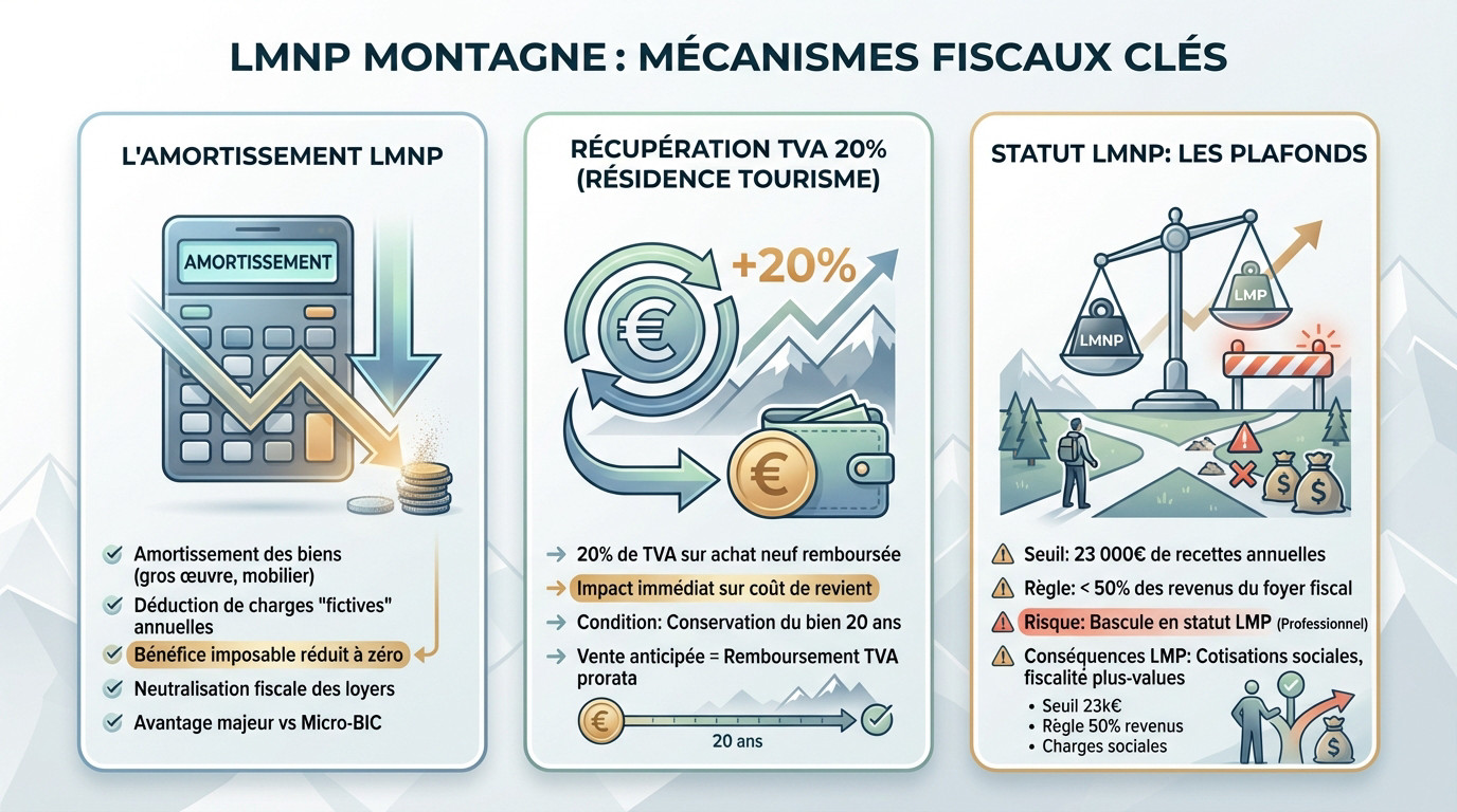 Schéma des mécanismes fiscaux pour un investissement LMNP en montagne