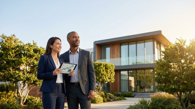 Couple professionnel souriant devant une maison moderne. La femme tient une tablette montrant un graphique de croissance immobilière.