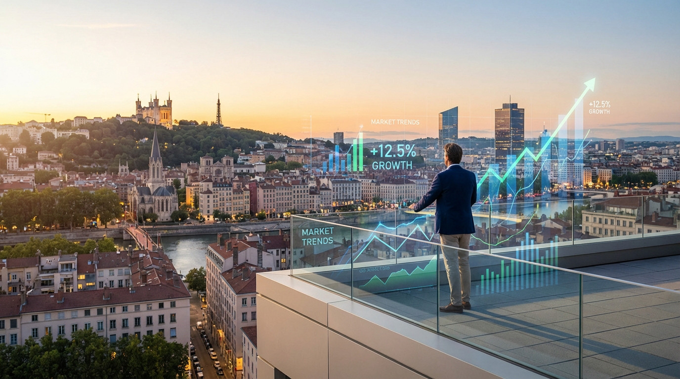Homme sur un balcon moderne à Lyon, admirant la ville et des projections de croissance (+12.5%) et tendances du marché.