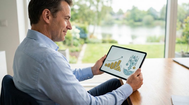 Homme souriant consulte une tablette illustrant croissance d'argent (pièces, lingots) et flux de revenus pour la retraite, devant un jardin.