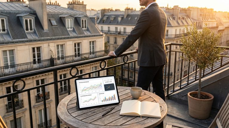 Homme sur un balcon parisien analysant un tableau de bord financier sur tablette, avec vue sur les toits haussmanniens au coucher du soleil.