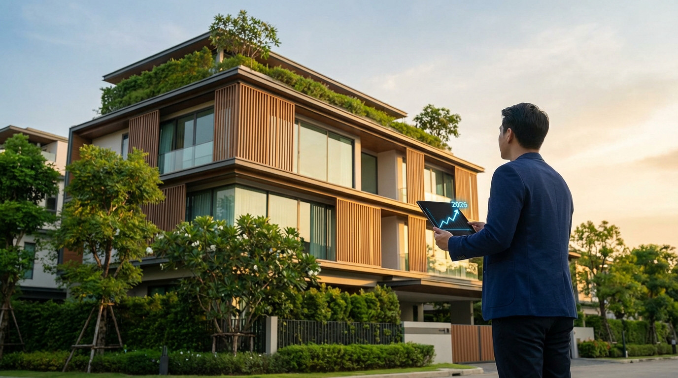 Un homme d'affaires regarde une villa moderne avec toit végétalisé, tenant une tablette affichant un graphique de croissance et 2026.