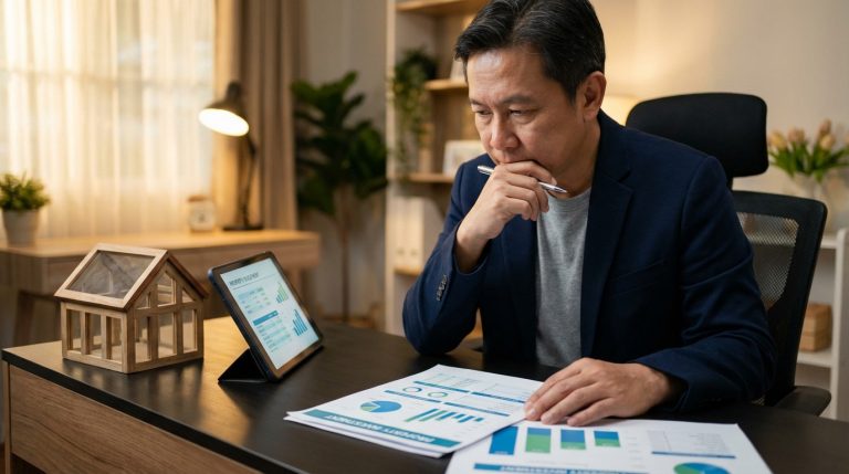 Homme asiatique analysant des graphiques sur tablette et documents, avec une maquette de maison.