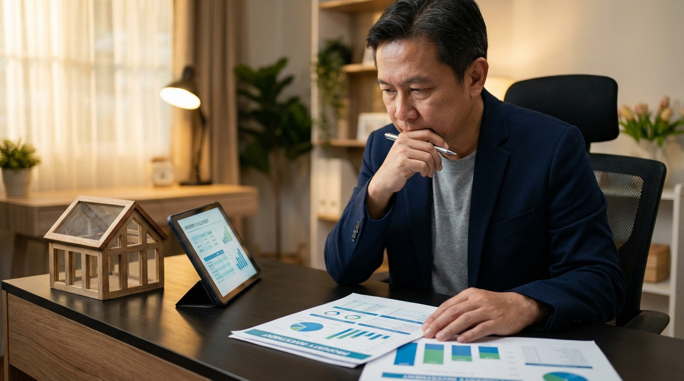Homme asiatique analysant des graphiques sur tablette et documents, avec une maquette de maison.