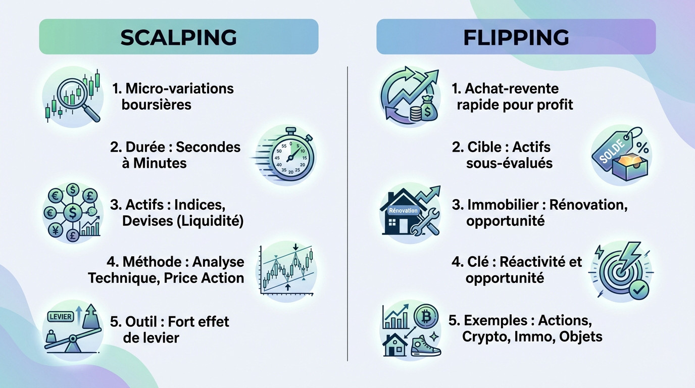 Analyse comparative entre le scalping boursier et le flipping immobilier pour l'<strong>achat-revente rapide</strong>« ></p>
<h3>Le scalping ou l&rsquo;art de la micro-variation boursière</h3>
<p>Le scalping définit un trading à haute fréquence particulièrement intense. On traque les graphiques en ticks pour <strong>capter des miettes de profit</strong>. L&rsquo;opération dure souvent quelques secondes seulement.</p>
<p>La liquidité s&rsquo;avère ici totalement capitale. Il faut impérativement <strong>privilégier les indices majeurs ou les paires de devises très lourdes</strong>.</p>
<p>L&rsquo;analyse technique et le Price Action dominent chaque mouvement. On oublie les fondamentaux économiques trop lents. <strong>Seul le graphique brut dicte une décision immédiate et froide</strong>.</p>
<p>L&rsquo;effet de levier est massif. C&rsquo;est l&rsquo;<strong>unique moyen pour rentabiliser</strong> ces variations de prix infimes.</p>
<h3>Le flipping financier et immobilier pour une plus-value immédiate</h3>
<p>Le flipping repose sur un principe d&rsquo;opportunisme pur. On déniche un actif sous-évalué par le marché. L&rsquo;objectif reste la <strong>revente éclair pour empocher un profit net</strong>. Cette méthode touche les actions comme les objets rares.</p>
<p>En immobilier, le schéma est identique. On vise l&rsquo;achat-revente rapide après une rénovation légère ou une opportunité de marché brute.</p>
<ul>
<li><strong>Actifs financiers (actions, crypto)</strong></li>
<li><strong>Immobilier résidentiel</strong></li>
<li><strong>Objets de collection ou sneakers</strong></li>
</ul>
<p>La réactivité fait la différence. Trouvez la perle rare et <strong>sortez avant que le vent ne tourne</strong>.</p>
<h2 id=