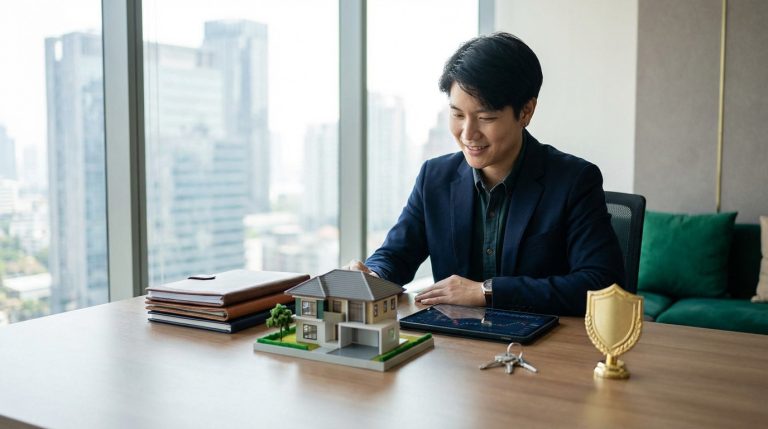 Un homme souriant en costume, assis devant une maquette de maison, un écran financier, des clés et un trophée, avec une ville en arrière-plan.