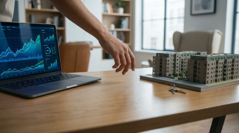Main entre un ordinateur avec graphiques financiers et une maquette d'immeubles avec clés, représentant le choix investissement immobilier ou bourse.