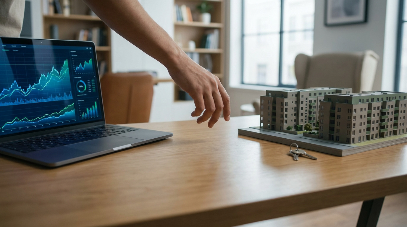 Main entre un ordinateur avec graphiques financiers et une maquette d'immeubles avec clés, représentant le choix investissement immobilier ou bourse.