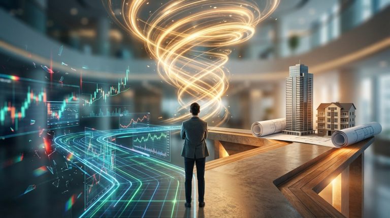 Homme face à des écrans financiers, vortex d'énergie, plans et bâtiments. Symbole de décisions en levier bourse/immobilier.