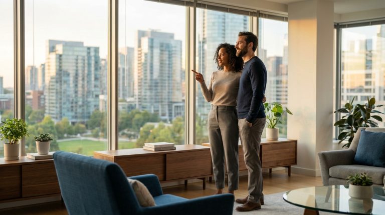 Un jeune couple souriant se tient devant une grande fenêtre, admirant une vue panoramique sur une ville moderne et un parc verdoyant. La femme pointe du doigt, l'homme regarde attentivement. Intérieur moderne.