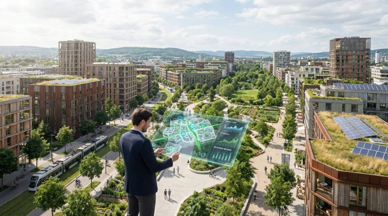 Un homme analyse une carte holographique interactive d'une ville moderne et durable avec toits verts, panneaux solaires et tramway.