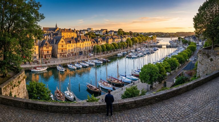 Vue aérienne du port de Vannes au coucher du soleil, avec ses bateaux amarrés, ses maisons anciennes et une personne observant.