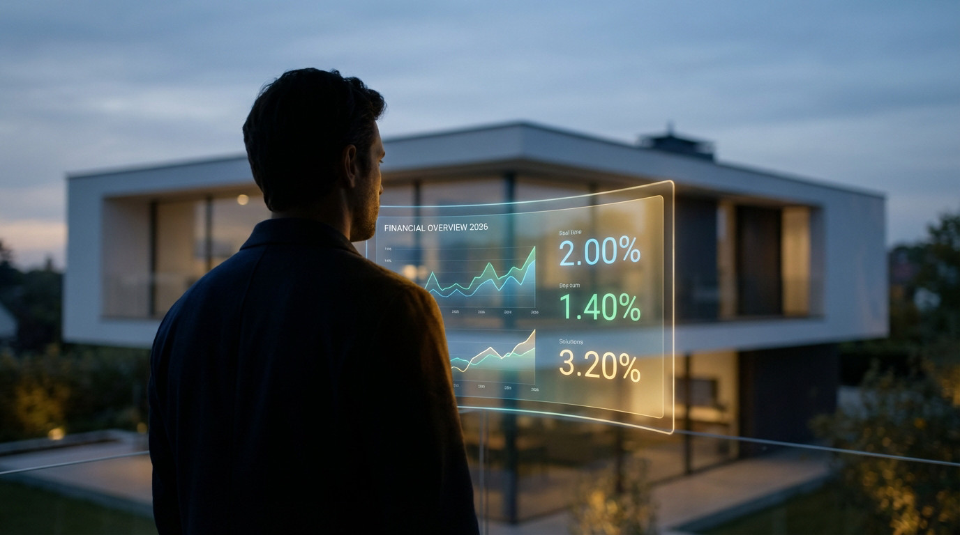 Un homme analyse des données financières holographiques (taux, graphiques 2026) devant une maison moderne au crépuscule.