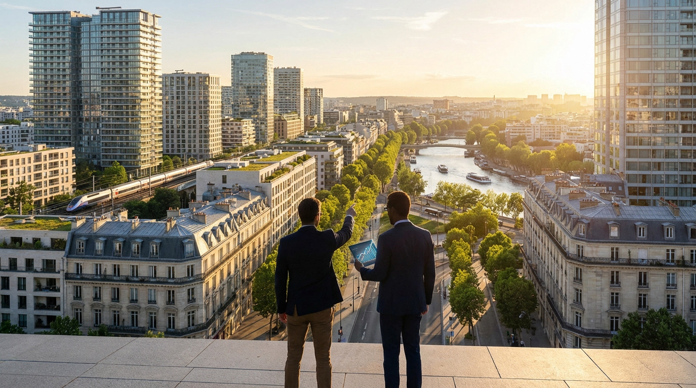 Deux hommes sur un toit avec tablette regardent une ville au coucher du soleil: gratte-ciel, Seine, train et bâtiments haussmanniens.