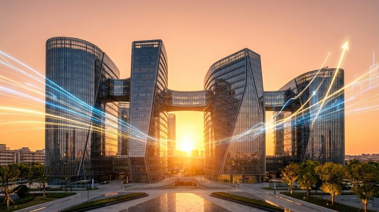 Complexe immobilier moderne en verre avec traînées lumineuses, flèche de croissance, au lever/coucher du soleil.