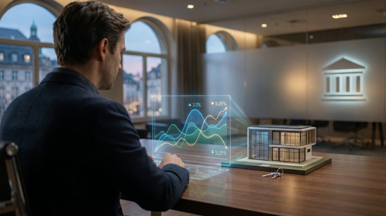 Homme d'affaires analysant des taux d'intérêt sur écran holographique, avec maquette de maison et clés, devant une icône de banque.